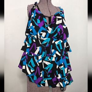 Penbrooke Geometric Tiered Ruffle Swim Top in Black, Teal & Purple No Size